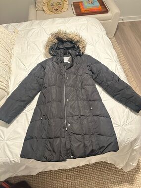 Eddie Bauer Black Long Quilted Puffer Coat with Faux-Fur Trim Hood